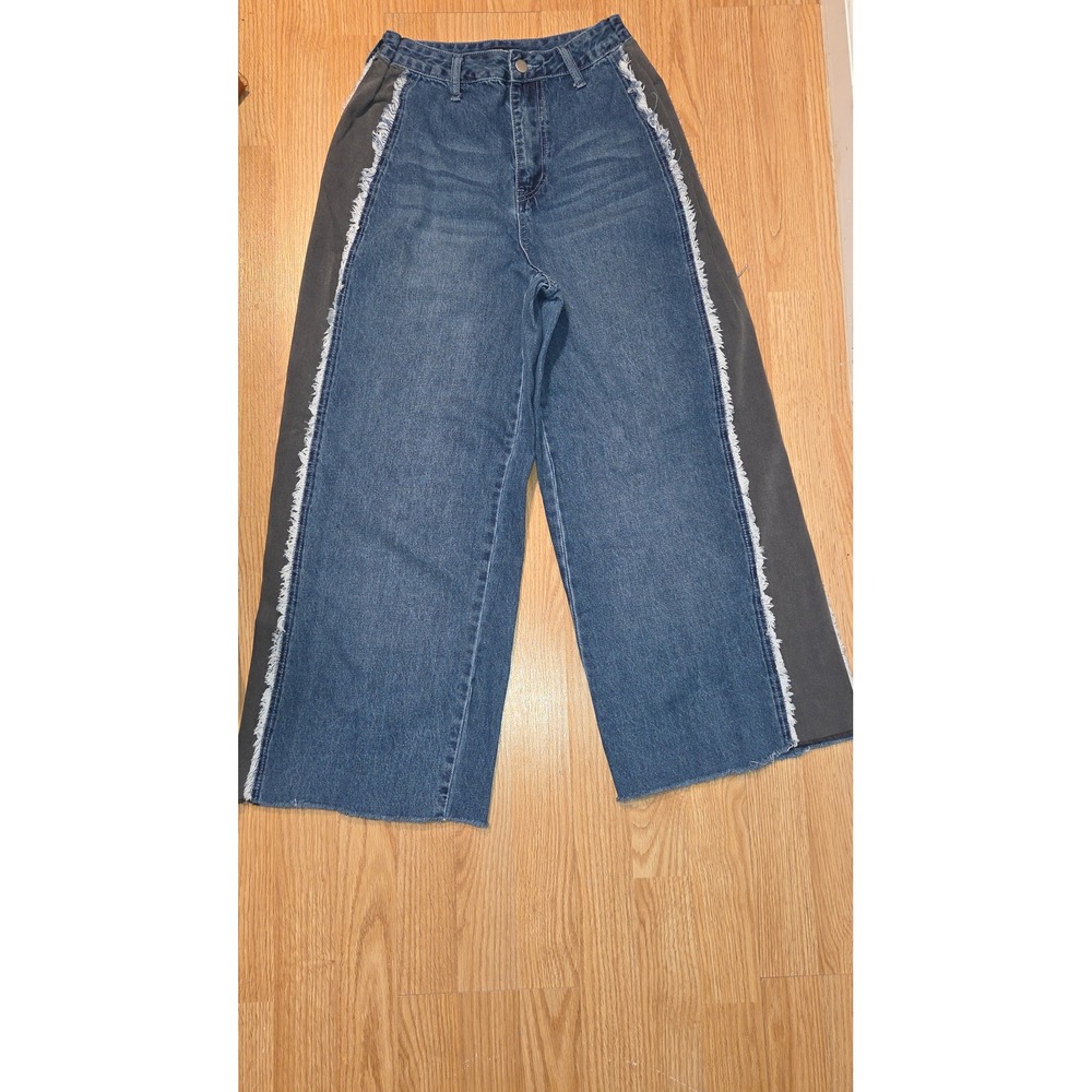 Fashion Nova Wide Leg Two Tone Side Stripe Frayed Jeans Blue Grey Size 7